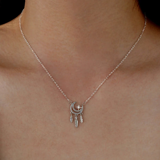 Sterling Silver Star Moon Feather Necklace - beautiful Feather Moon Necklace