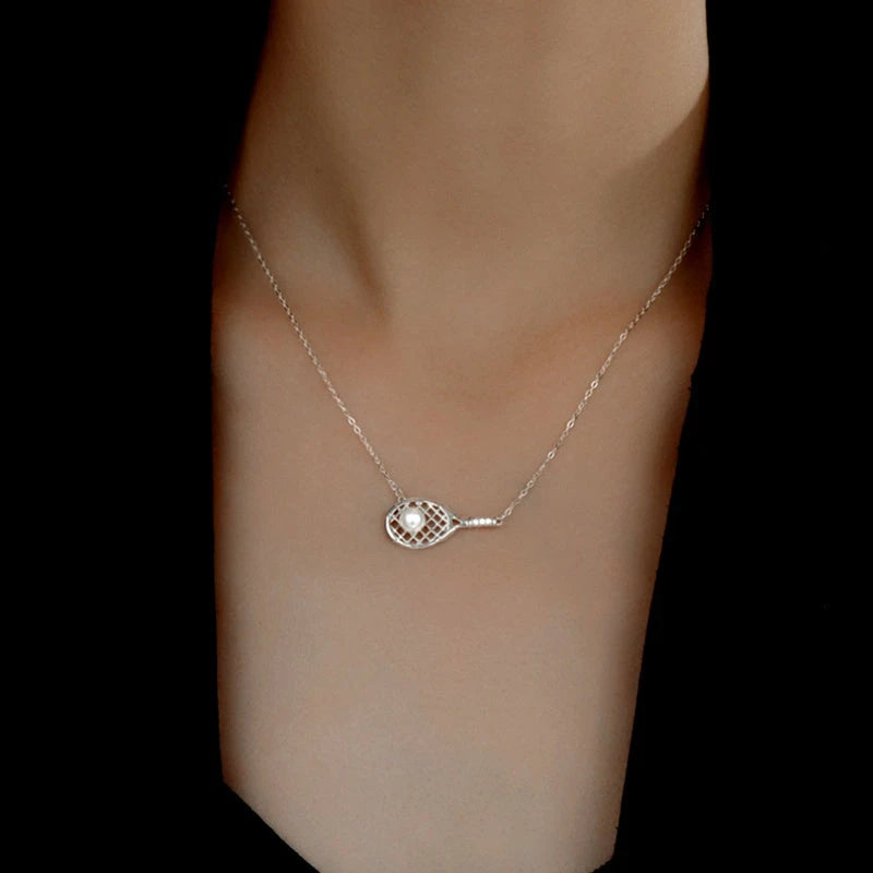 Sterling Silver Tennis Racket Pearl Necklaces - beautiful Tennis Racket Necklace
