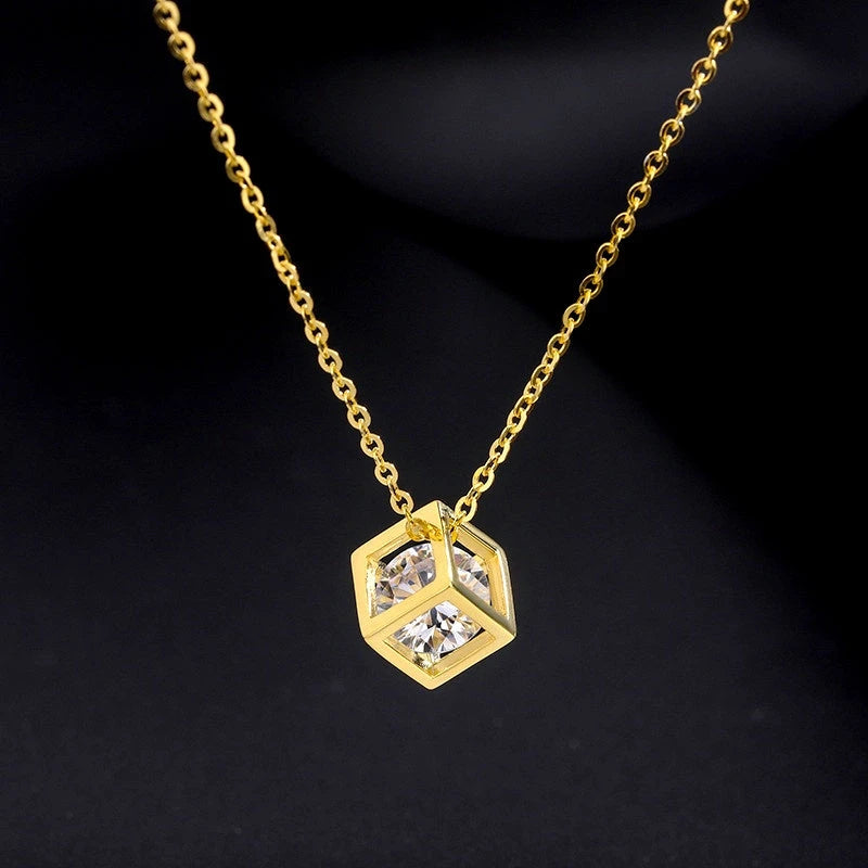 Detailed view of the Sterling Silver Three-Dimensional Hollow Cube Necklace chain and pendant