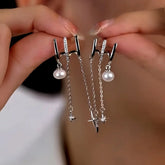 Sterling Silver Three-Layer Pearl Star Tassel Earrings - elegant Pearl Star Tassel Earrings