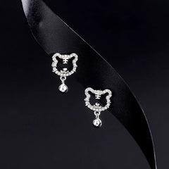 Silver Tone CZ Paved Hollow Tiger Head Dangle Earrings with Bell Charm