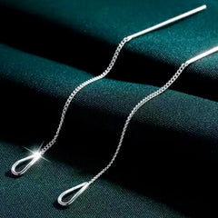 Angled view of the Sterling Silver Water Drop Threader Earrings