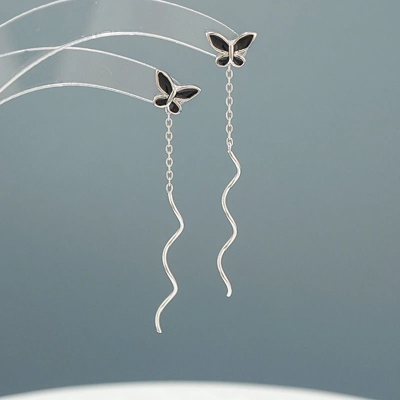 Sterling Silver Wavy Butterfly Threader Earrings - elegant Butterfly Threaders