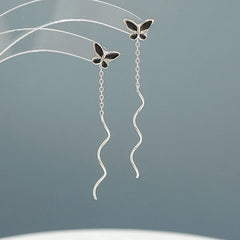 Sterling Silver Wavy Butterfly Threader Earrings - elegant Butterfly Threaders