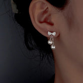 Sterling Silver Zircon Diamond Bow Pearl Tassel Earrings - elegant Bow Pearl Tassel Earrings