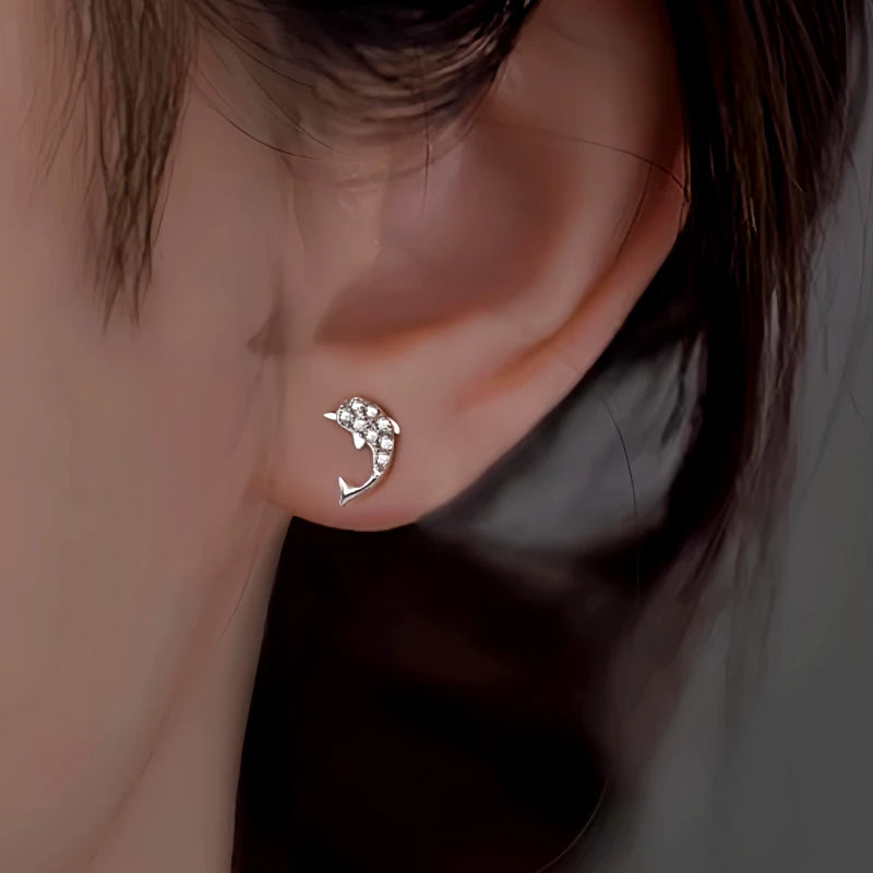 Sterling Silver Zircon Dolphin Studs - elegant Zircon Dolphin Studs