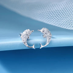 Close-up detail of the sparkling zircons and plating on the Zircon Dolphin Studs