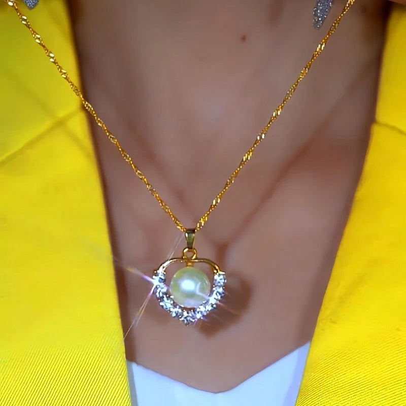 Sterling Silver Zircon Heart-Design Pearl Chain Necklace - beautiful Pearl Chain Necklace
