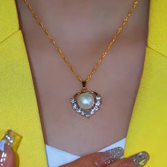 Sterling Silver Zircon Heart-Design Pearl Chain Necklace worn to showcase its length and pendant detail