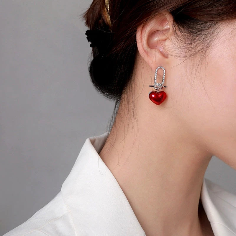 Sterling Silver Zircon Heart Earrings - elegant Red Heart Dangle Earrings