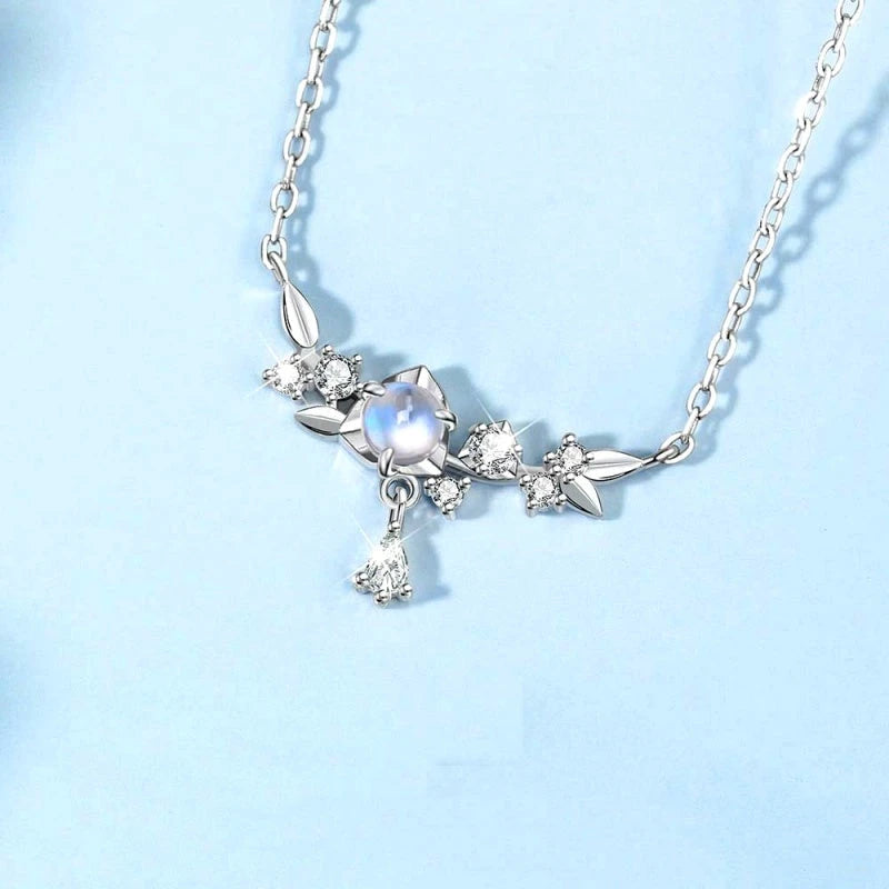 Sterling Silver Zircon Moonstone Necklace worn to showcase its length and pendant detail