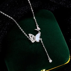 Detailed view of the Sterling Silver Zircon Mother And Baby Butterfly Necklace chain and pendant
