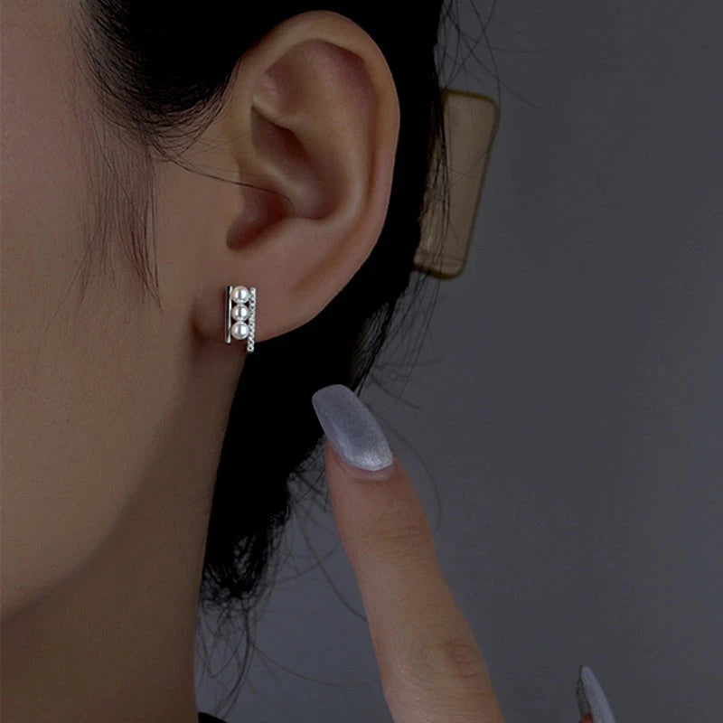 Sterling Silver Zircon Pearl Stud Earrings - elegant Zircon Pearl Studs