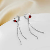 Sterling Silver Zircon Red Diamond Heart Tassel Earrings - elegant Red Heart Tassel Earrings