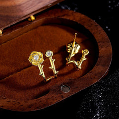 Close-up detail of the sparkling zircons and plating on the Zircon Rose Studs