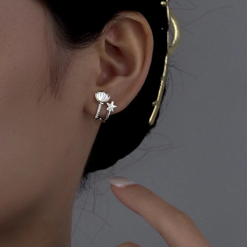 Sterling Silver Zircon Starfish Shell Stud Earrings - elegant Starfish Stud Earrings