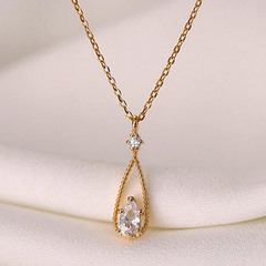 Sterling Silver Zircon Water Drop Necklace worn to showcase its length and pendant detail