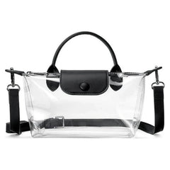 Angled view of the stylish Transparent Small Square Handbag
