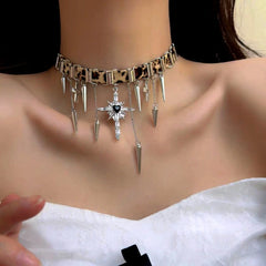 14K Gold-Plated Leopard Print Rivet Cross Tassel Choker worn to showcase its length and pendant detail