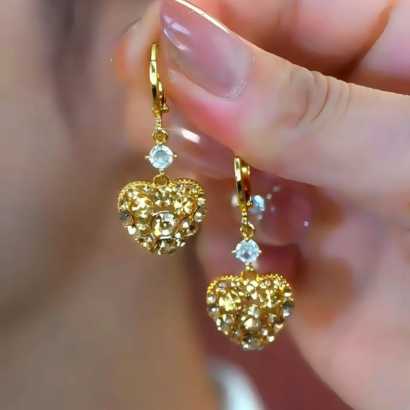 14K Gold-Plated Elegant Zircon Heart Earrings - elegant gold heart earrings