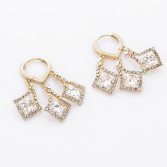 Gold Tone Pave Crystal Diamond-Shaped Triple Drop Huggie Hoop Earrings