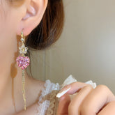 핑크 러브 프린지 귀걸이 패션 기질 지르콘 꽃 귀걸이