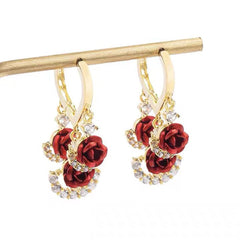 Red Rose Gold Rhinestone Dangle Earrings on Gold Display Rod