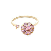Gold tone adjustable open ring with pink crystal flower cluster for women