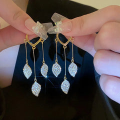 Pair of Gold Heart Hoop Dangle Earrings with Paved Crystal Leaf Drops