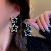 Silver Post Diamond Five-Pointed Star Earrings - elegant Star Dangle Earrings