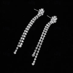 Long dangling silver rhinestone drop earrings with clustered crystal top