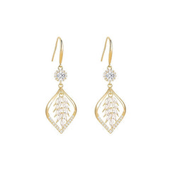 Gold cubic zirconia leaf dangle hook earrings on white background