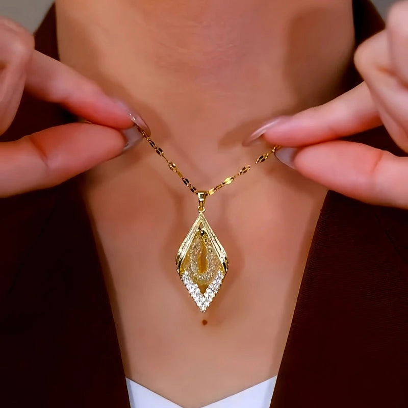 14K Gold-Plated Zircon Mesh Water Drop Pendant Necklace worn to showcase its length and pendant detail