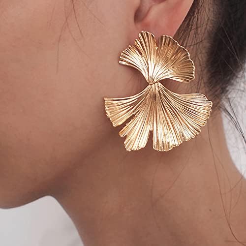 Exaggerated Ginkgo Biloba Dangle Earrings, Large Shiny Gold Leaf Earrings