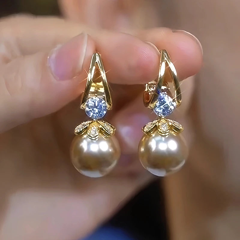 Close-up detail of the sparkling zircons and plating on the Zircon Pearl Earrings