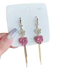 Pink love fringed earrings fashion temperament zircon flower earrings