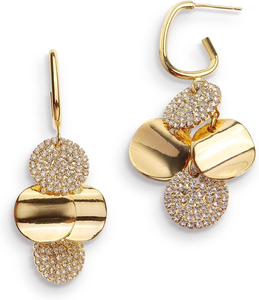 Gold pave crystal disc drop statement earrings on white background