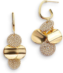 Gold pave crystal disc drop statement earrings on white background