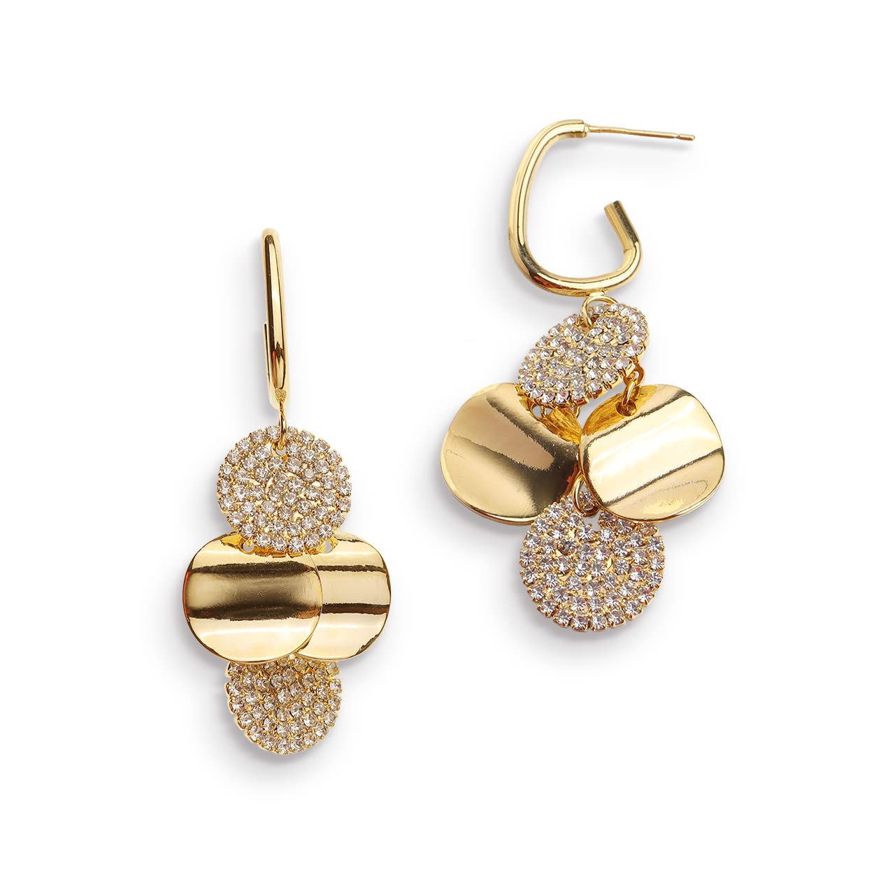 Gold Tone Pave Crystal & Smooth Disc Cluster Drop Dangle Earrings