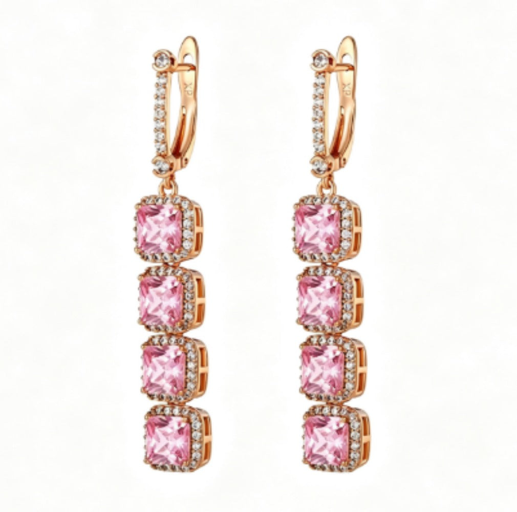 Rose gold pink cushion cut halo leverback drop earrings, front view on white background