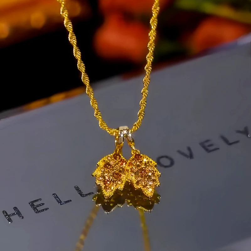 14K Gold-Plated Brown Zircon Diamond Double Leaf Pendant Necklace - beautiful Leaf Pendant Necklace