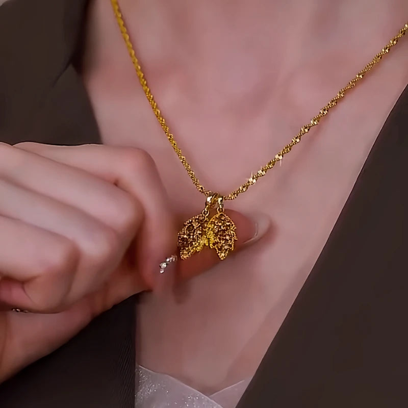 14K Gold-Plated Brown Zircon Diamond Double Leaf Pendant Necklace worn to showcase its length and pendant detail