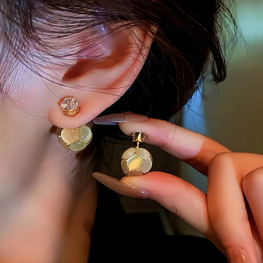 14K Gold-Plated Diamond Cat's Eye Ball Jacket Earrings - elegant Cat's Eye Jacket Earrings