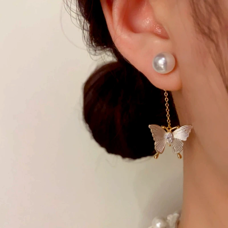 14K Gold-Plated Elegant Zircon Butterfly Pearl Tassel Earrings - elegant Butterfly Pearl Tassel Earrings