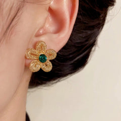 14K Gold-Plated Elegant Zircon Hollow Flower Stud Earrings - elegant gold flower earrings