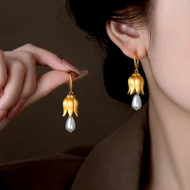 14K Gold-Plated Lily Of The Valley Water Drop Pearl Earrings - elegant Lily Pearl Earrings