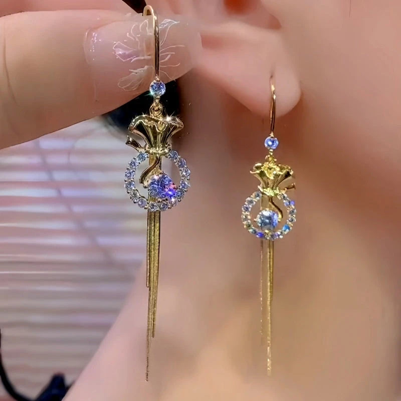 14K Gold-Plated Luxury Zircon Diamond Lucky Bag Tassel Ear Hook Earrings - elegant Lucky Bag Ear Hooks