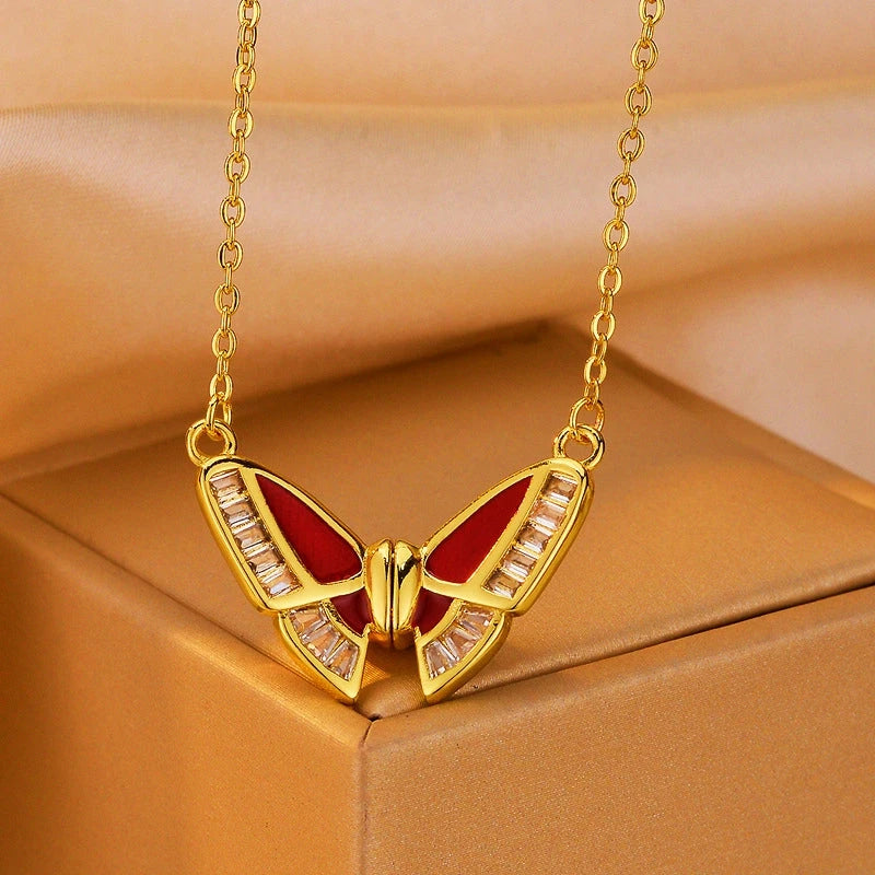 Close-up of the pendant and clasp on the Red Butterfly Necklace