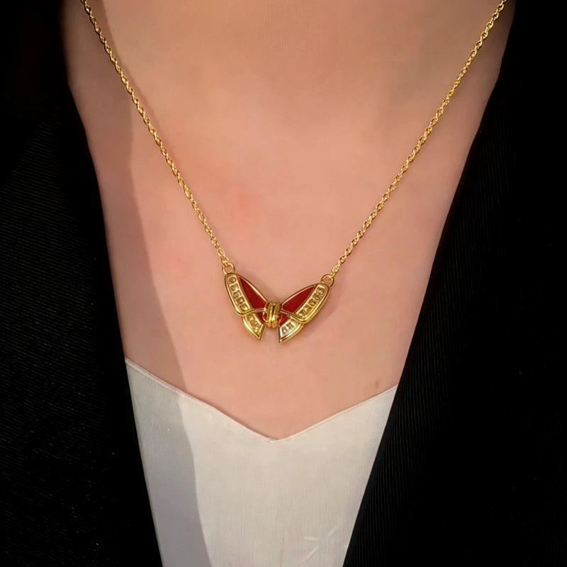 14K Gold-Plated Magnetic Red Butterfly Necklace worn to showcase its length and pendant detail