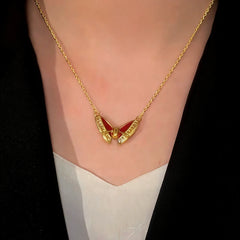 14K Gold-Plated Magnetic Red Butterfly Necklace worn to showcase its length and pendant detail